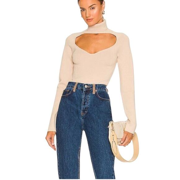 Nanushka Ribbed Knit Front Cut-Out Cropped Fah Top Long Sleeve Beige Size S NWT - Picture 2 of 12